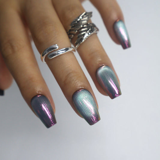 Chameleon Chrome Duochrome Coffin Press-On Nails