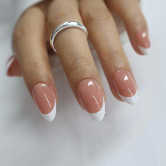 Elegant French Manicure Press on Nails - Reusable Glossy Almond Fake Nails