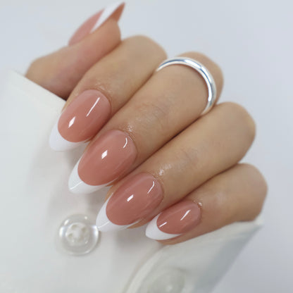 Elegant French Manicure Press on Nails - Reusable Glossy Almond Fake Nails