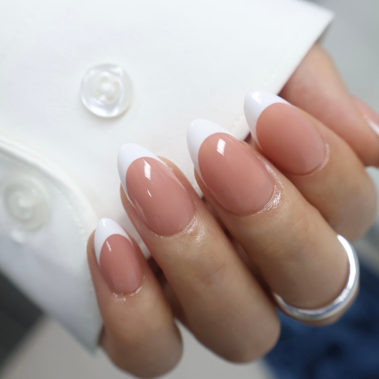 Elegant French Manicure Press on Nails - Reusable Glossy Almond Fake Nails