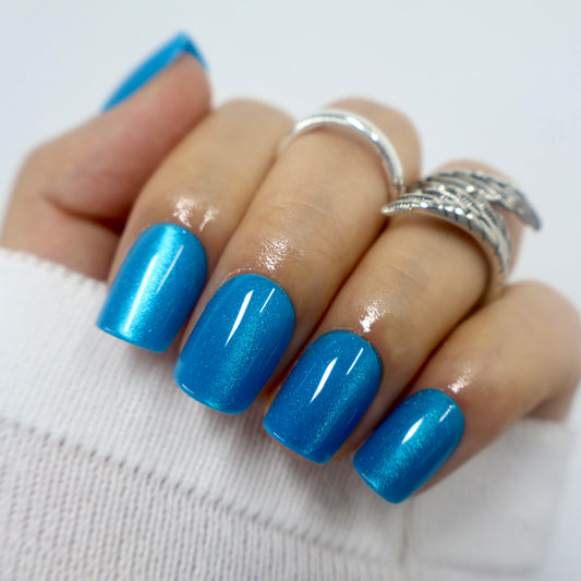 Bright Blue Shimmer Magnetic Summer Nails