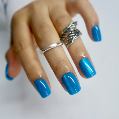 Bright Blue Shimmer Magnetic Summer Nails