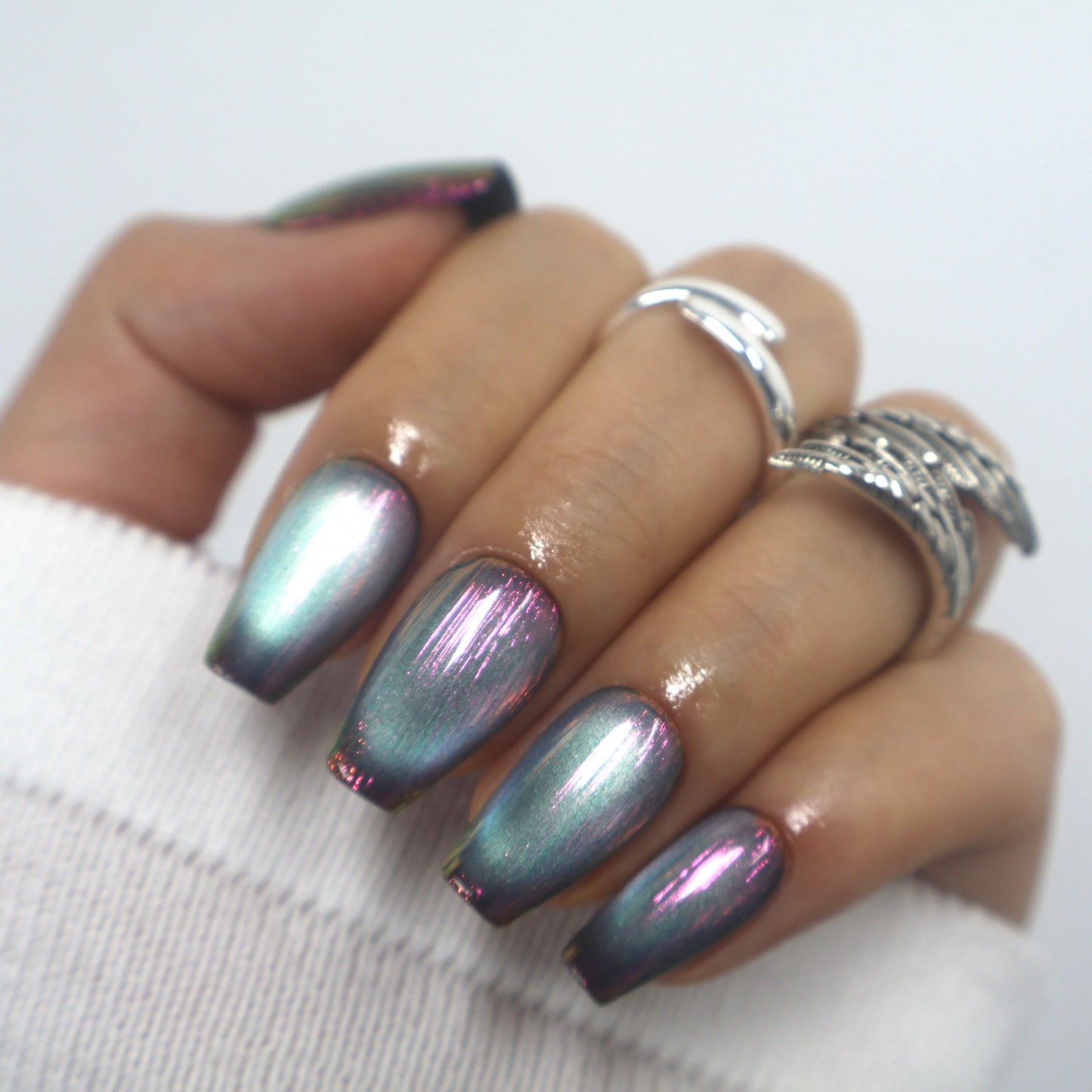 Chameleon Chrome Duochrome Coffin Press-On Nails
