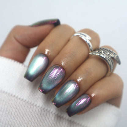 Chameleon Chrome Duochrome Coffin Press-On Nails