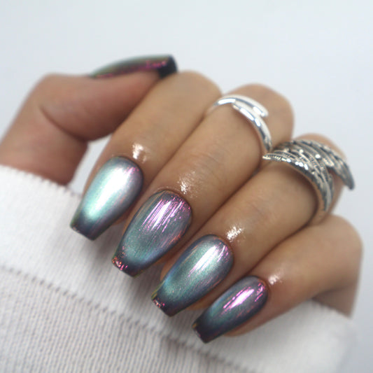 Chameleon Chrome Duochrome Coffin Press-On Nails