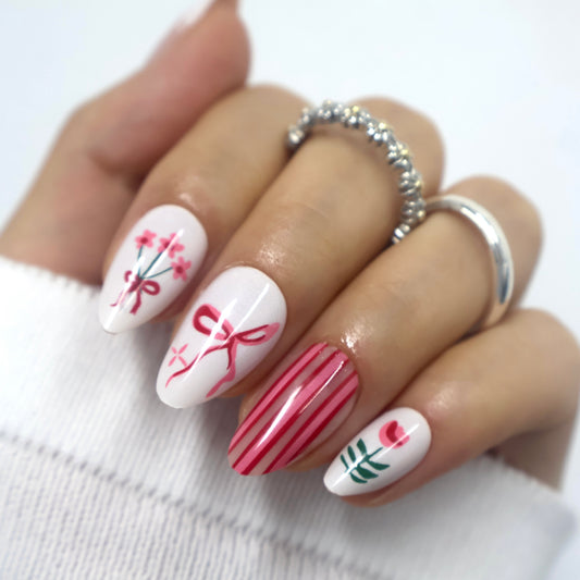 Coquette Bow and Floral Almond Press-On Nails