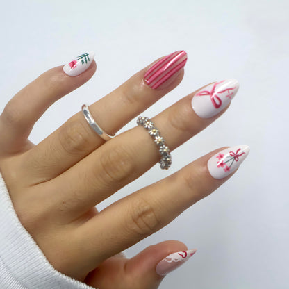 Coquette Bow and Floral Almond Press-On Nails