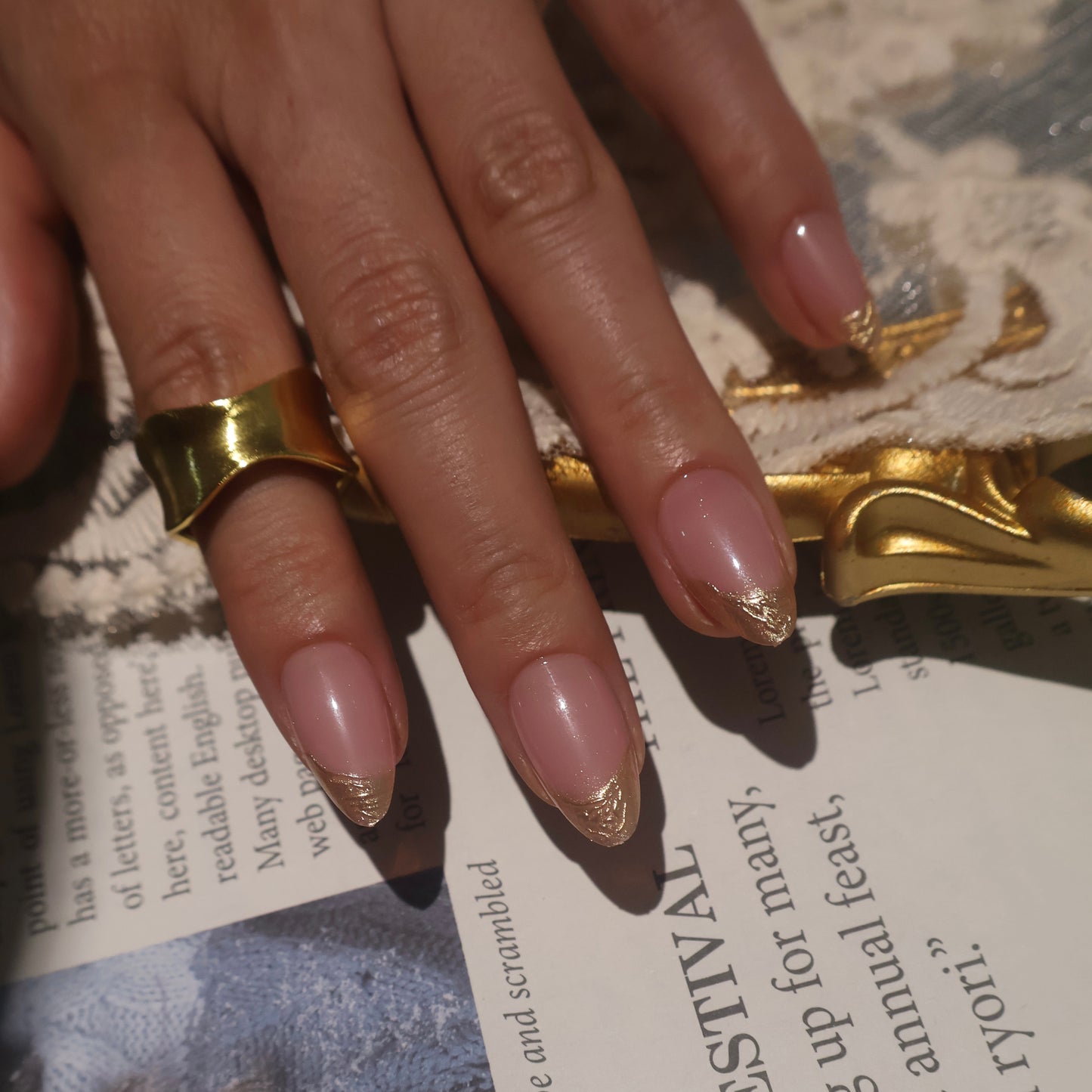 Gold Glitter French Tip Almond Press-On Nails