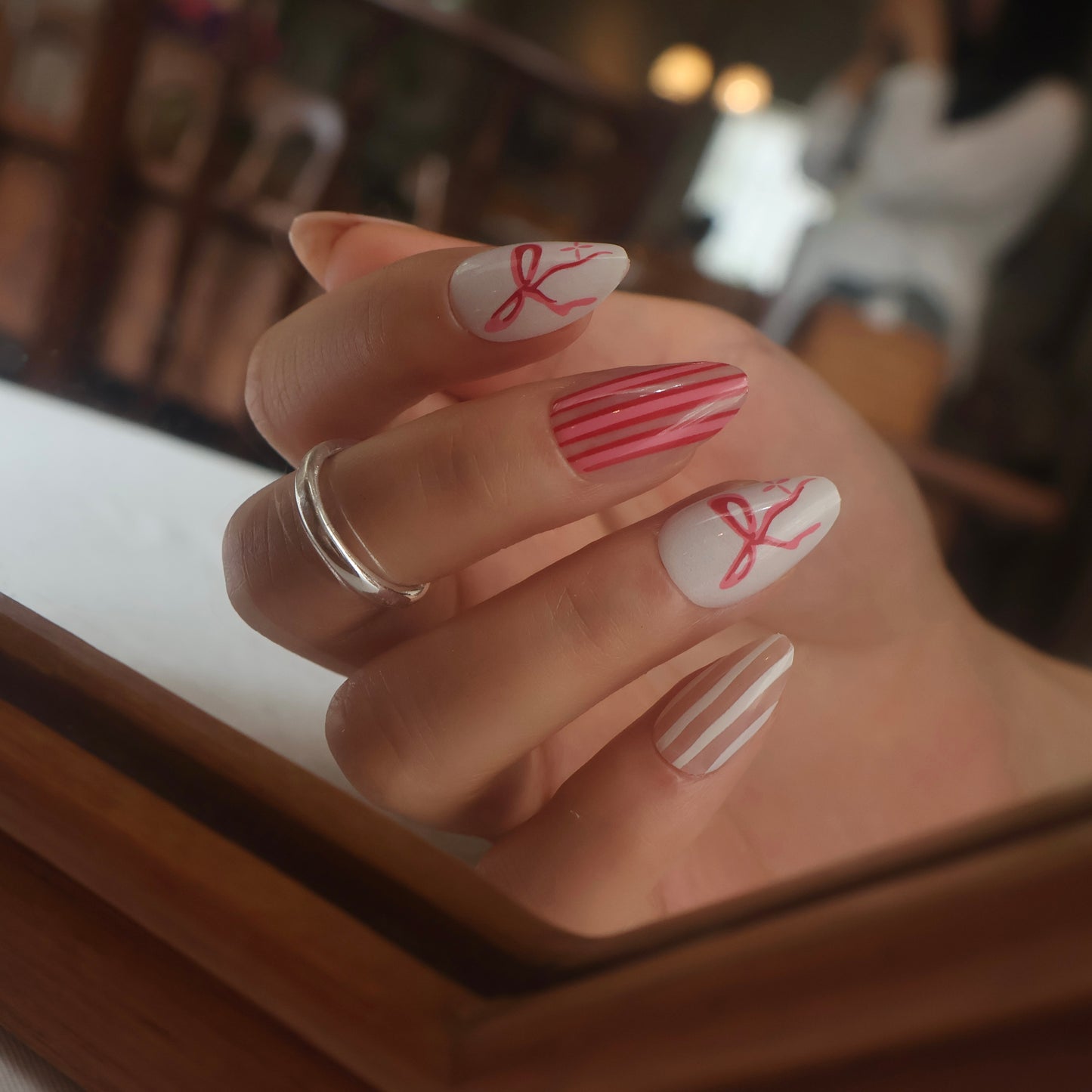 Coquette Bow and Floral Almond Press-On Nails