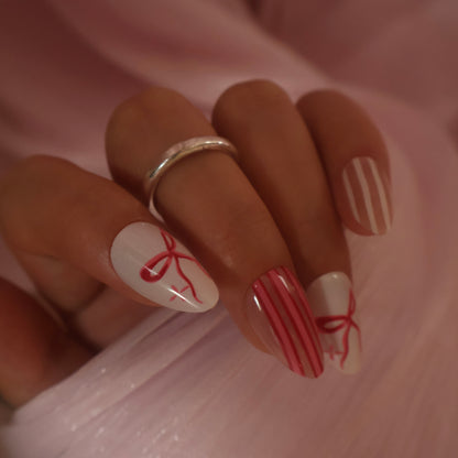Coquette Bow and Floral Almond Press-On Nails