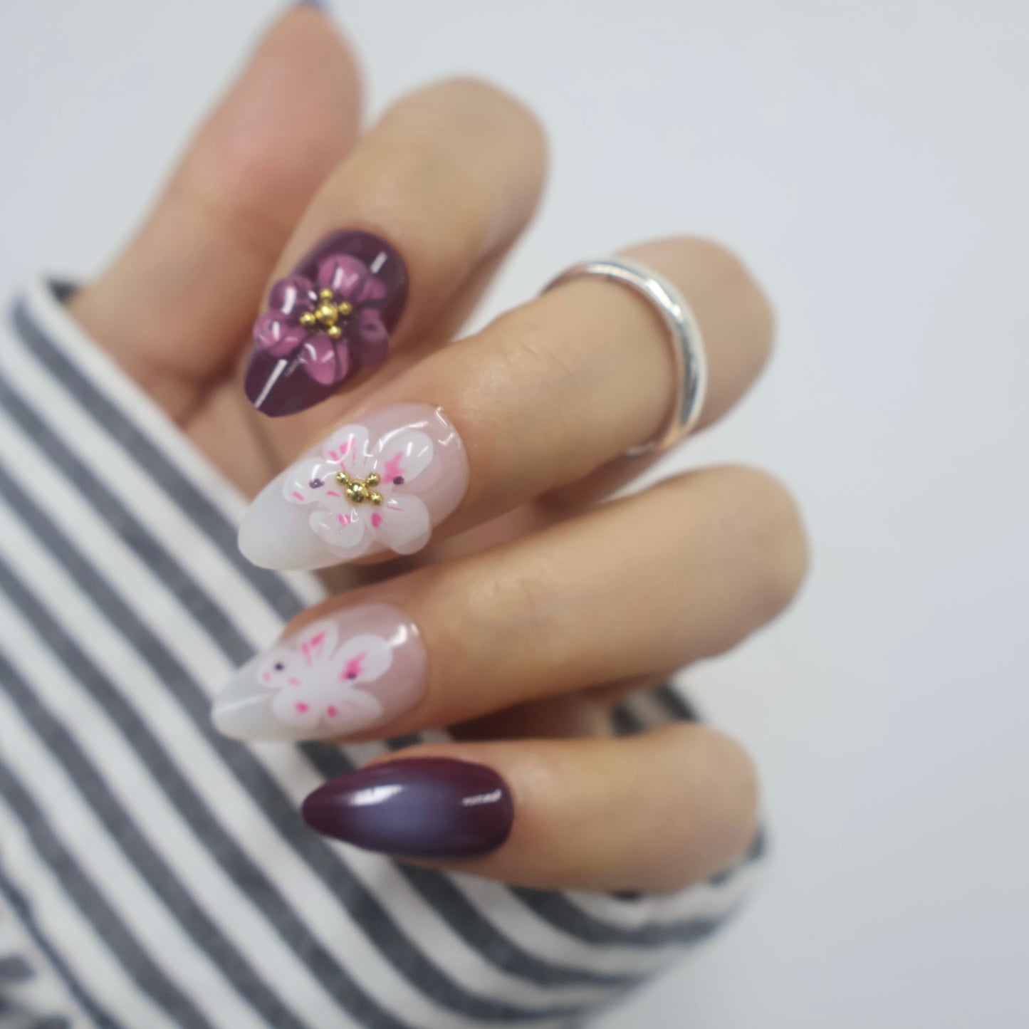 3D Floral Deep Plum & Milky White Press On Nails