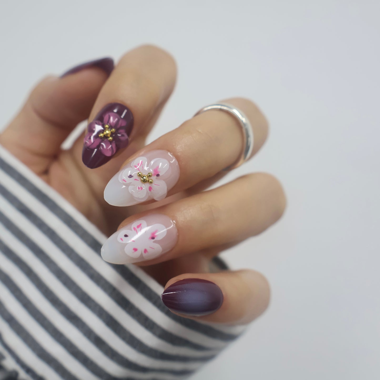 3D Floral Deep Plum & Milky White Press On Nails
