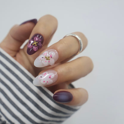 3D Floral Deep Plum & Milky White Press On Nails