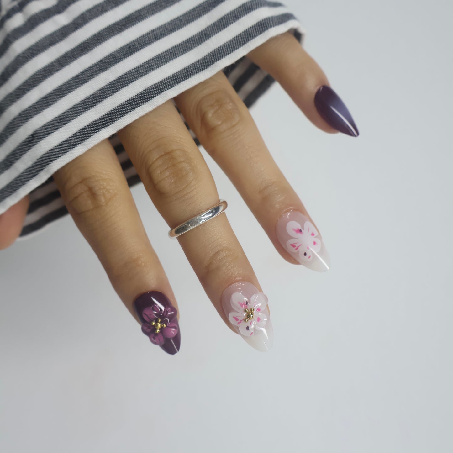 3D Floral Deep Plum & Milky White Press On Nails