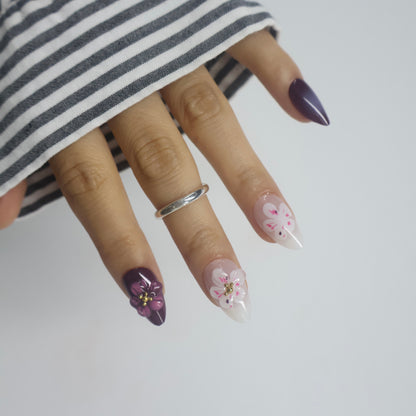 3D Floral Deep Plum & Milky White Press On Nails