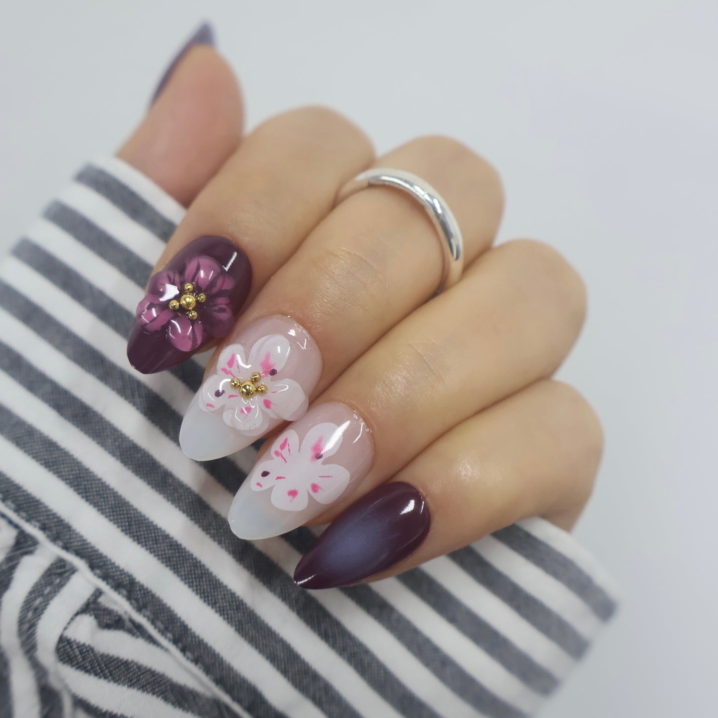 3D Floral Deep Plum & Milky White Press On Nails