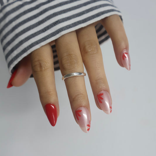 Red Floral Pearl Press On Nails