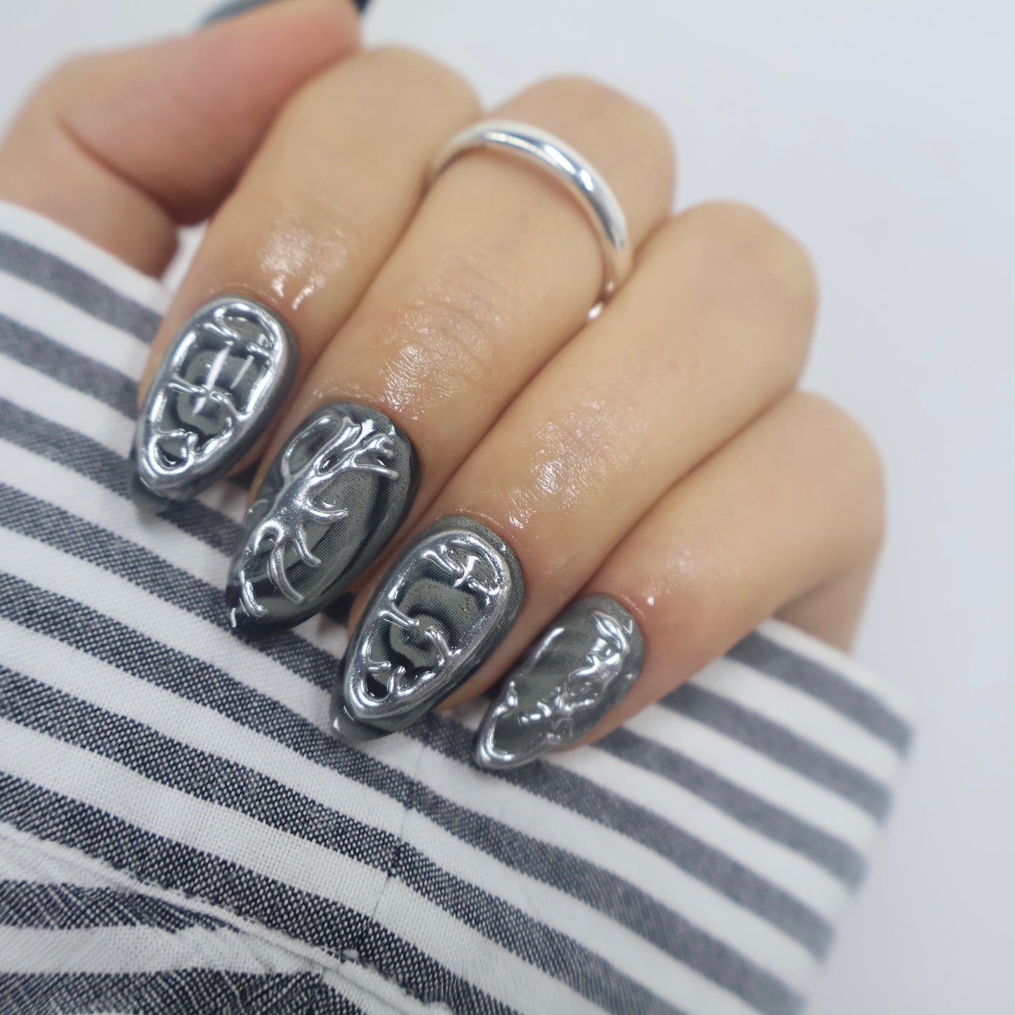 3D Silver Chrome Cyberpunk Press On Nails