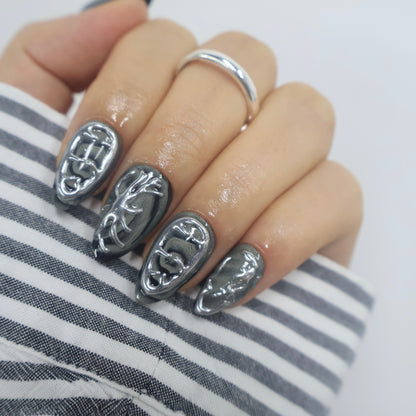 3D Silver Chrome Cyberpunk Press On Nails