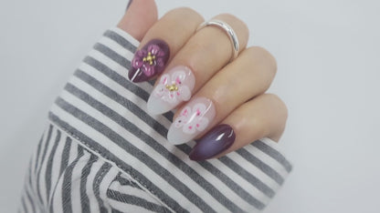 3D Floral Deep Plum & Milky White Press On Nails